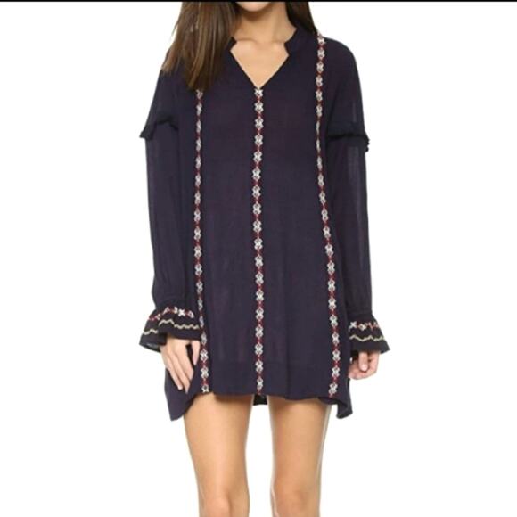 Tularosa Revolve V Neck Embroidered Boho Chic Navy Blue Tunic Mini Dress Size S - Picture 1 of 16